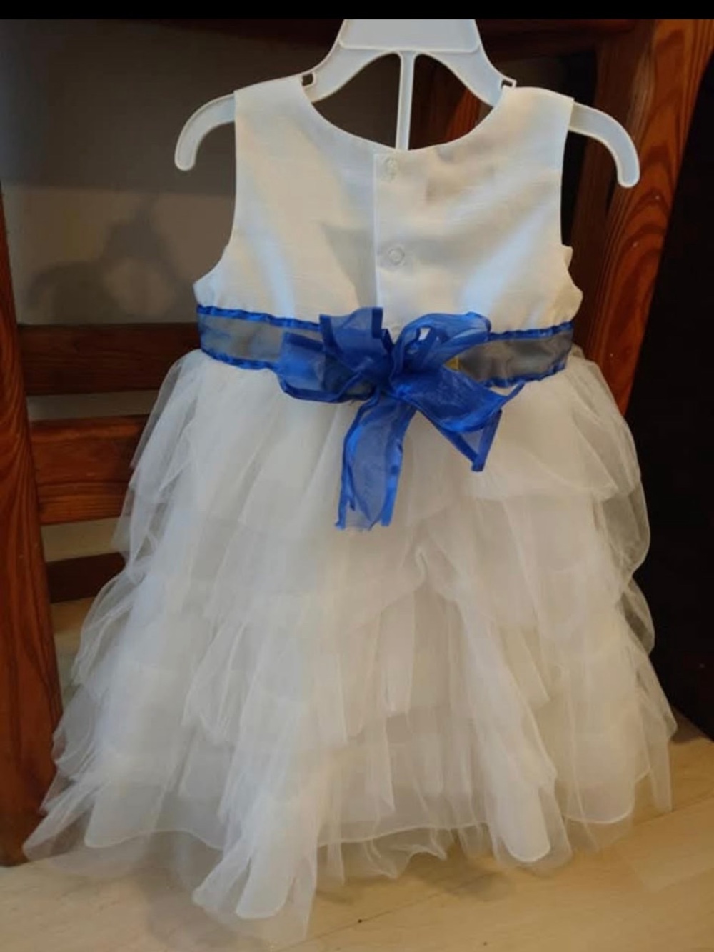 Wendy Bellissimo White Tulle Dress with Royal Blue Sash